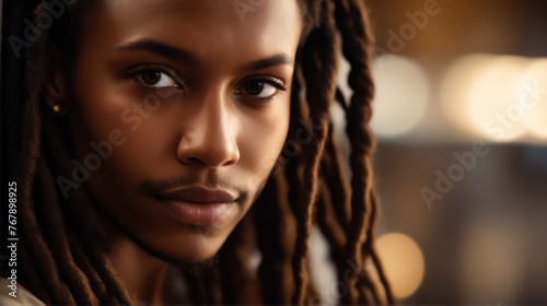 A woman with dreadlocks is looking at the camera. She has a serious expression on her face