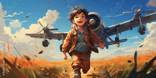 the boy flying in the sky with the planes, digital art style, illustration paintin © Coosh448