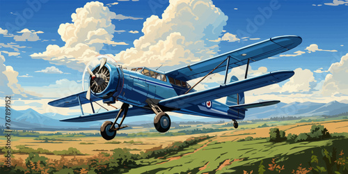 vector illustration of the clouds image with a biplane flying in the blue sky vector -