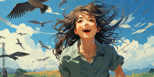 a Japanese school girl running happily home in the countryside and noticing a karasu is perching on the power wire vector