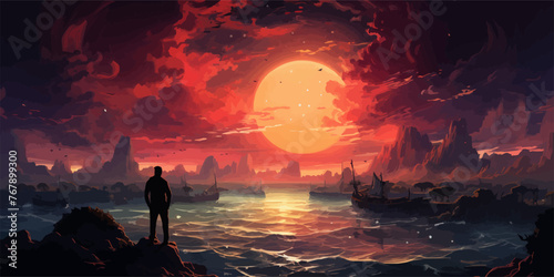 A man standing in a river with his shipwreck against the background of the sky upside down, digital art style, illustration painting photo