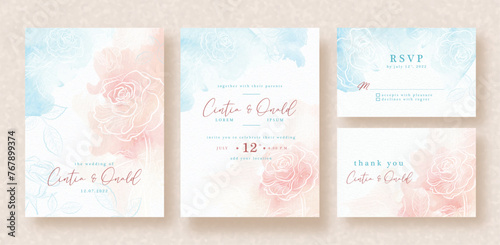 Hand drawn rose flower on splash background wedding card template