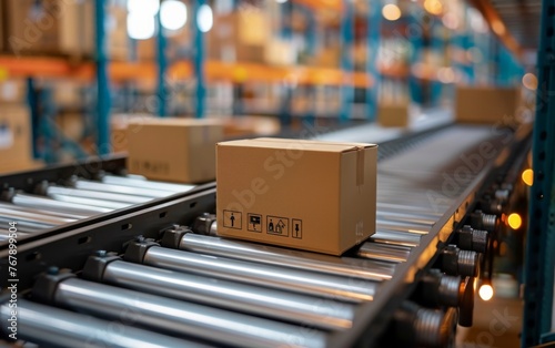 Delivery concept. Cardboard boxes on a conveyor line. 3d illustration. 
