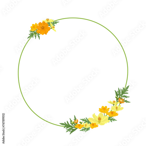 Minimal orange and yellow cosmos flower wreath template. Love summer friendship anniversary wedding copy space.