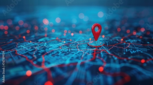 Digital red pin marks location on blue world map. 3D rendering. AI generated image