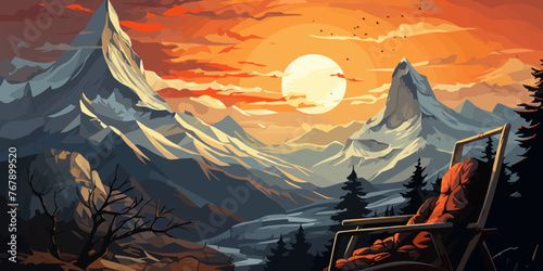 A vector illustration of the couple on the bed in the earth house with mountain scenery at outside vector flat bright colors photo