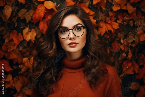 Attractive brown hair woman wearing glasses against fall autumn ambience background, autumn scene, orange leaves