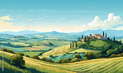 Landscape in Tuscany illustration  Italian landscapes  panoramic countryside farmland vector illustration