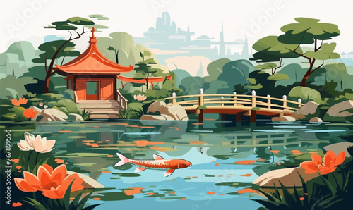 peaceful Japanese garden with koi pond vector isolated illustration