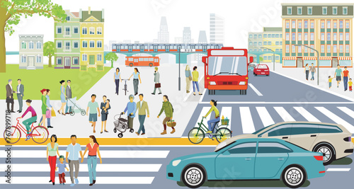 Stadtbus und Fußgänger im Ort, Illustration