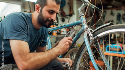 a man repairs a bicycle in a workshop