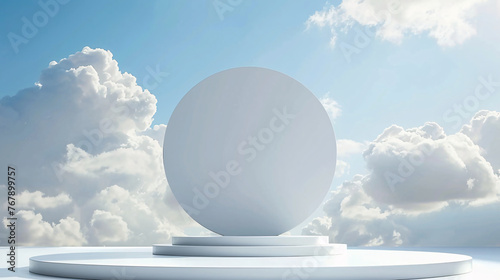 3d product podium display with cloud on blue sky backround for presentaiton