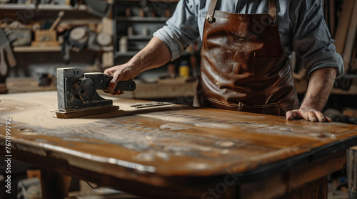 a man restores an antique table in the workshop, he grinds the countertop