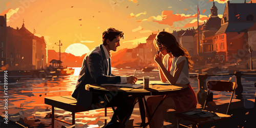 anime style of the office man casually relaxing at the harbor and steal a glance to the lady that sitting and having meal vector flat bright colors photo