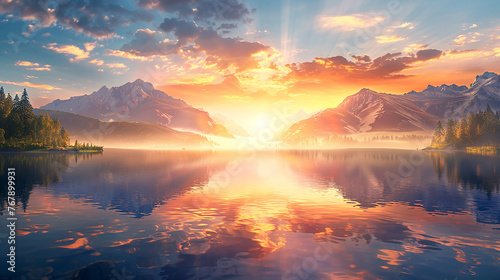 Cartoon Panorama of beautiful sunrise over lake