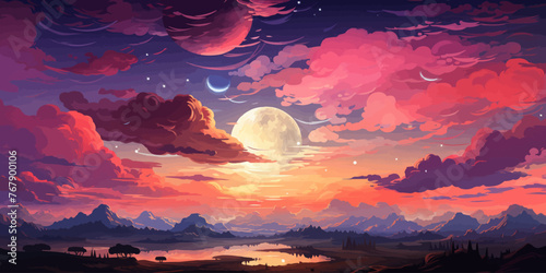 landscape sky clouds. Red sunset in the clouds. Engraving style. vector flat bright colors