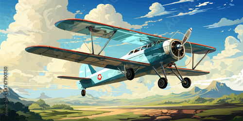 vector illustration of the cumulonimbus clouds image with a biplane flying in the blue sky