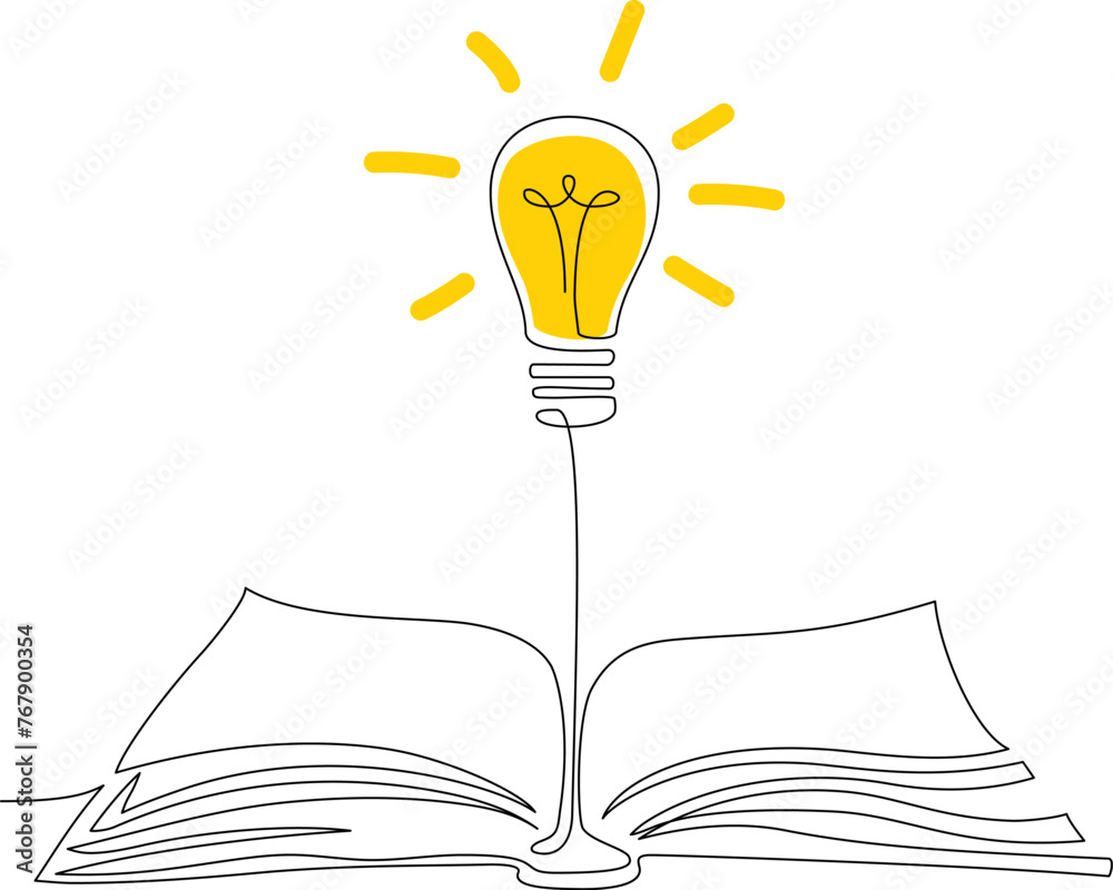 Shining light bulb above open book in continuous line style drawing. Idea concept with one line bulb and notebook. Innovation creative idea banner with lamp, book. Sketch Vector illustration. Template