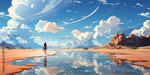 a young woman running on a white sand beach with the background of a beautiful blue sky and clouds vector flat bright colors