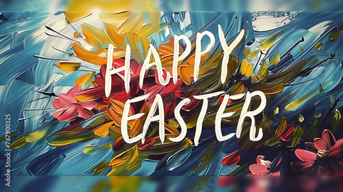 Happy Easter festive background painted in oil, featuring abstract vibrant flowers with "Happy Easter" inscription in post-impressionism style.