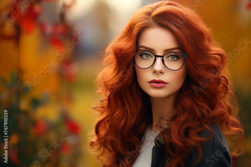 Attractive red hair woman wearing glasses against fall autumn ambience background, autumn scene, orange leaves