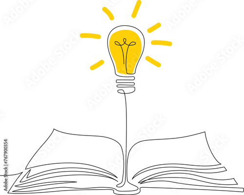 Shining light bulb above open book in continuous line style drawing. Idea concept with one line bulb and notebook. Innovation creative idea banner with lamp, book. Sketch Vector illustration. Template