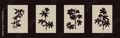 Pressed floral folkart vector motif set. Collection of stylized organic block print wildflower shape with woodcut paper texture effect. 
