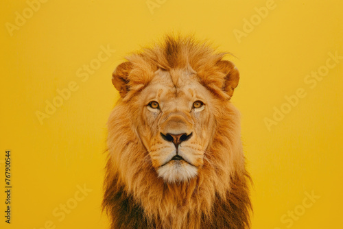 Amusing lion posing with a funny expression against a yellow background