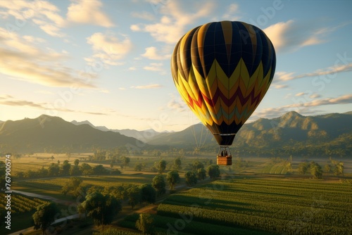 Aerial view of hot air balloon over lush green fields with abundant space for tex