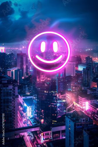A smiley emoji icon above the city skyline