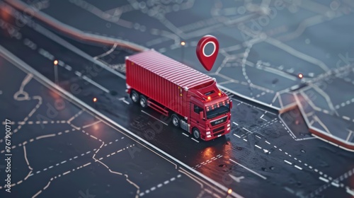Top view container truck with GPS tracking pin pointer moving on a map. AI generated image