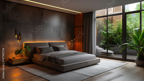 interior design of a modern bedroom in gray tones and wood trim and subtle lighting