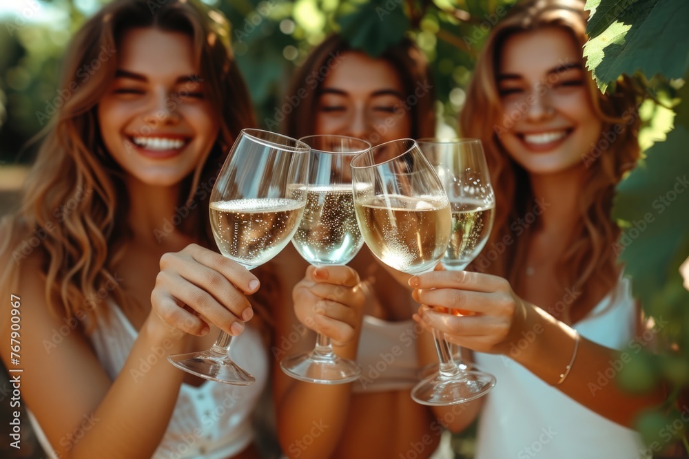 Three women toasting with white wine in a vineyard. Three women toasting with white wine in a vineyard.