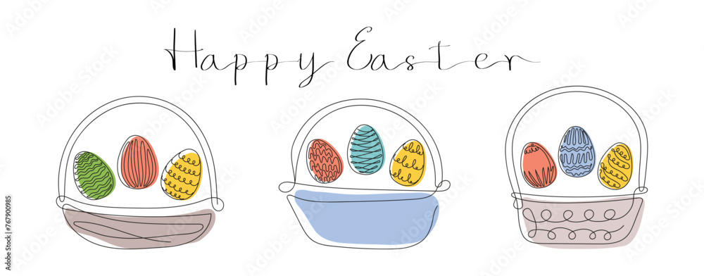 Set of Wicker baskets with Easter eggs and Happy Easter greeting. Continuous one line drawing. Vector isolated on white background. For Easter promotions, greeting cards, holiday invitations.