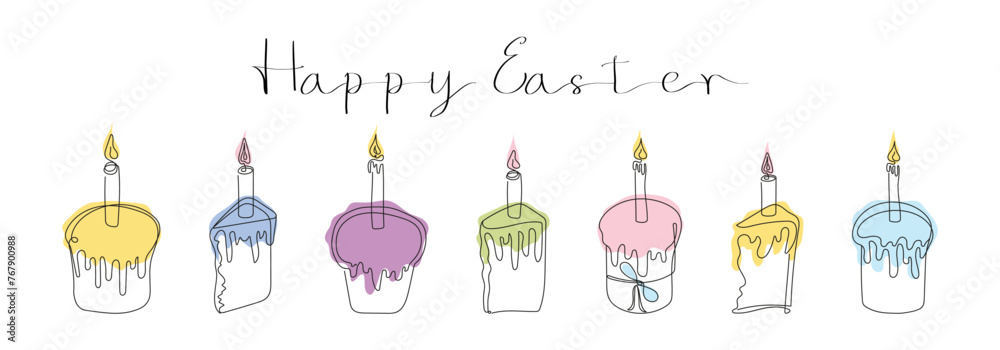 Set of Easter Kulich cakes with lit candles. Happy Easter greeting. Continuous one line drawing of cupcakes, birthday cakes. Colorful Vector isolated on white. Design elements for print and greetings Set of Easter Kulich cakes with lit candles. Happy Easter greeting. Continuous one line drawing of cupcakes, birthday cakes. Colorful Vector isolated on white. Design elements for print and greetings