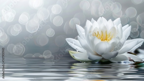 Fresh blooming white lotus flower on floating water with empty space. AI generated