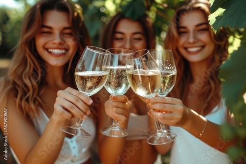 Three women toasting with white wine in a vineyard.