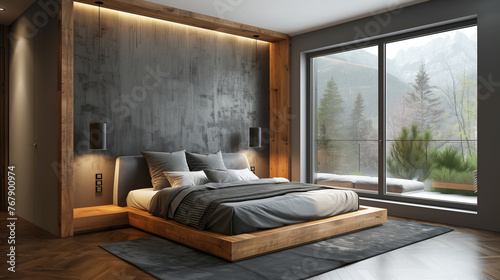 interior design of a modern bedroom in gray tones and wood trim and subtle lighting © kazakova0684