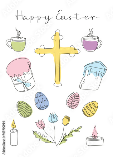 Easter card with Happy Easter greeting. Easter Set in continuous one line style with design elements like Easter cakes, eggs, cross, steaming mugs, candles, flowers. Vector art isolated on white