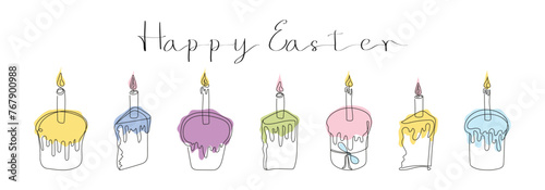 Set of Easter Kulich cakes with lit candles. Happy Easter greeting.  Continuous one line drawing of cupcakes, birthday cakes. Colorful Vector isolated on white. Design elements for print and greetings © Jafree