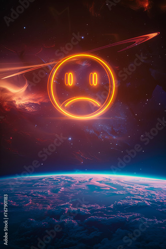 A sad emoji icon above the planet earth