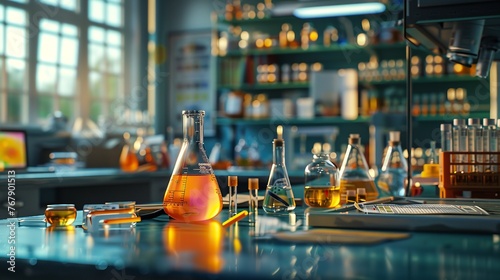 Test tubes and lab glassware on a table in a laboratory concept of research in the background of laboratory with space for text or product, Generative AI.