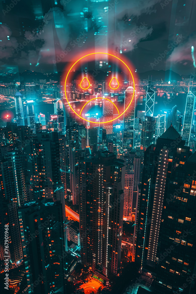 A sad emoji icon above the city skyline A sad emoji icon above the city skyline