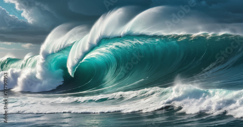 Tidal tsunami wave with foam, stormy sea background, blue and teal ocean illustration