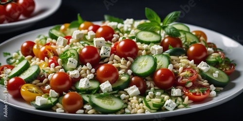  A plate of orzo salad with cherry tomatoes, cucumbers, and feta cheese. A plate with a salad made with tomato slices, cucumber slices, and feta cheese crumbles.