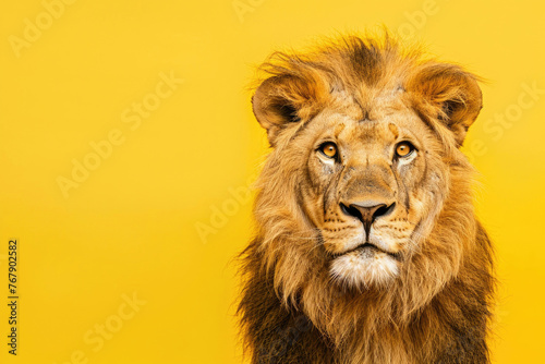 Cheerful close-up of a lion with a comical expression on a yellow backdrop