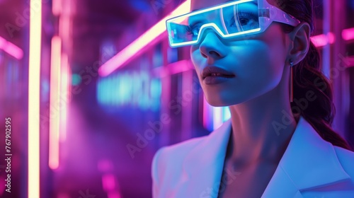 A woman in neon-lit glasses reflecting a futuristic cityscape.