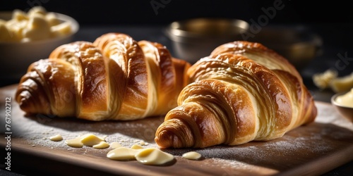 Buttery Croissants on a Cutting Board. Close-up image of flaky croissants with melted butter on a cutting board.
