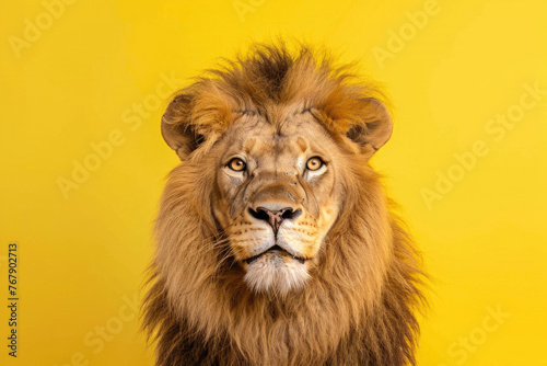 Cheerful close-up of a lion with a comical expression on a yellow backdrop