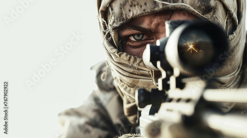 Military Operation: Soldier in Shooting Position with Crosshair, with Image of Explosive Bomb on White Background.